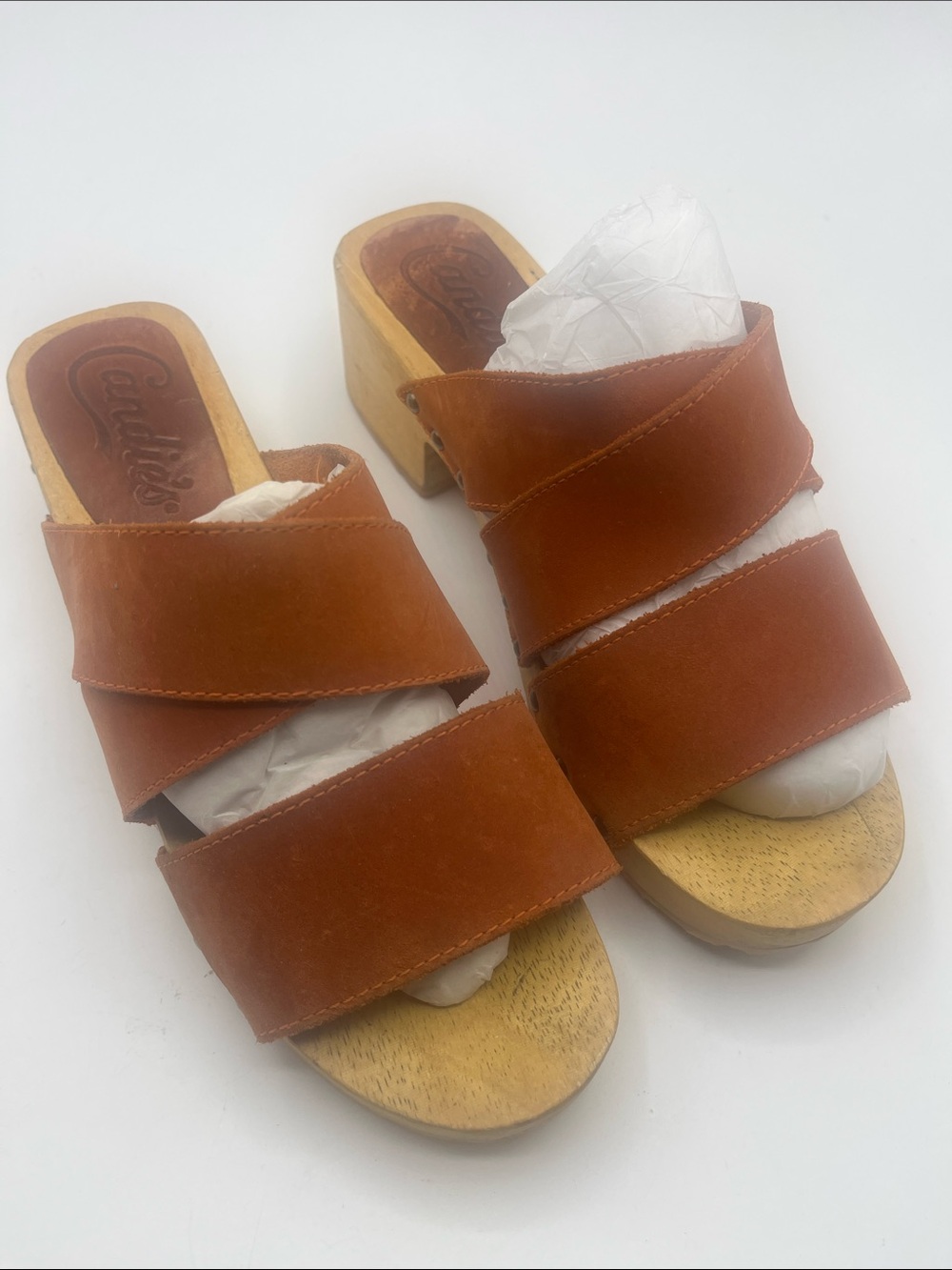 Candie's Orange Brown Triple-Strap Leather Slide Clogs